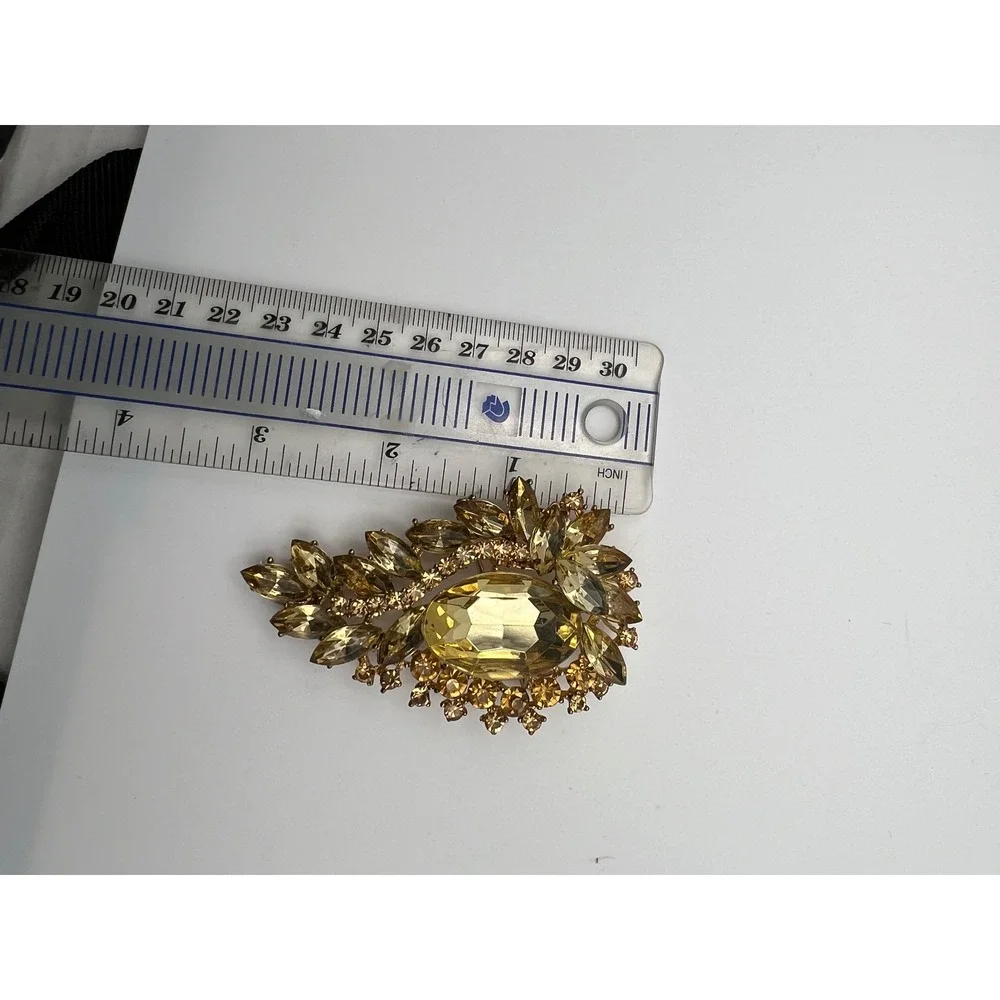 Vintage‎ Topaz Rhinestone Brooch Large Gold Statement Amber Glass Pin